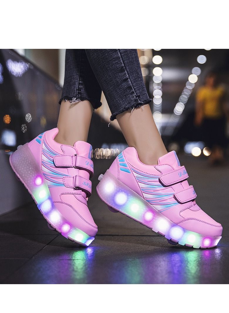 Loquat Rage Shoes For Boys And Girls Single And Double Wheel LED Flashing Lights Automatic Invisible Roller Skates Pink  - Image 1