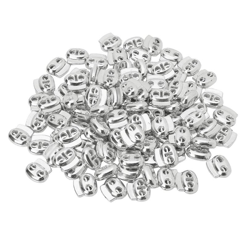 JAZZEEL 50-Pack Plastic Double Hole Cord Locks in a Sleek Metal Silver Finish, Spring-Loaded Drawstring Toggle Stoppers for Paracord, Elastic Cords, Hoodies, and Crafting Accessories