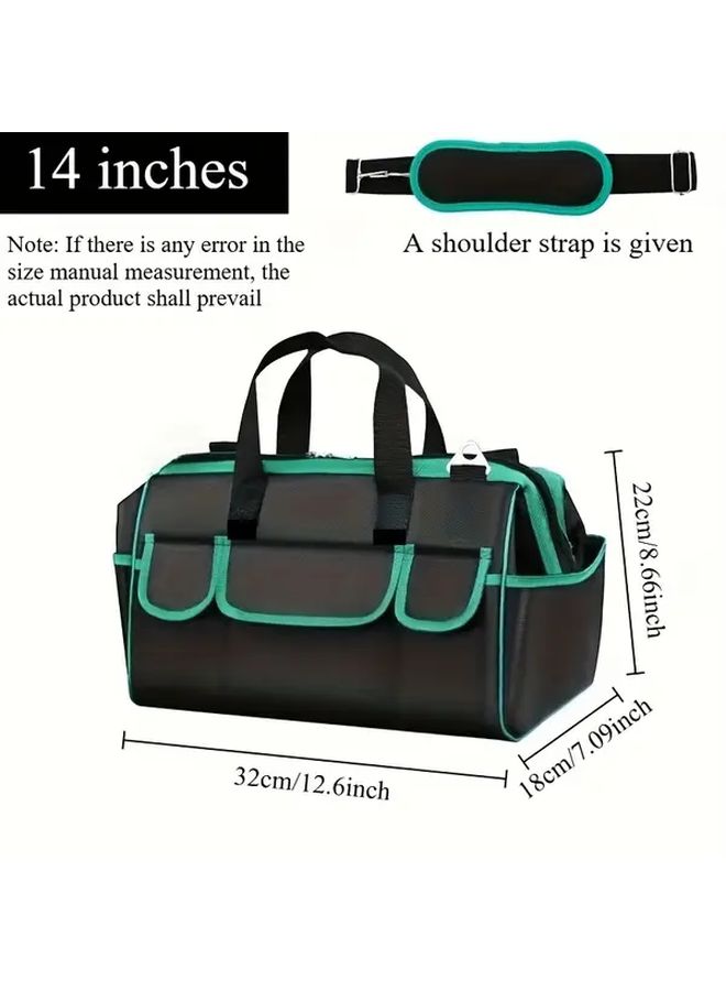Heavy Duty 14 Inch Portable Tool Bag Black Green Adjustable Strap Ergonomic Handle Multiple Compartments - Image 3