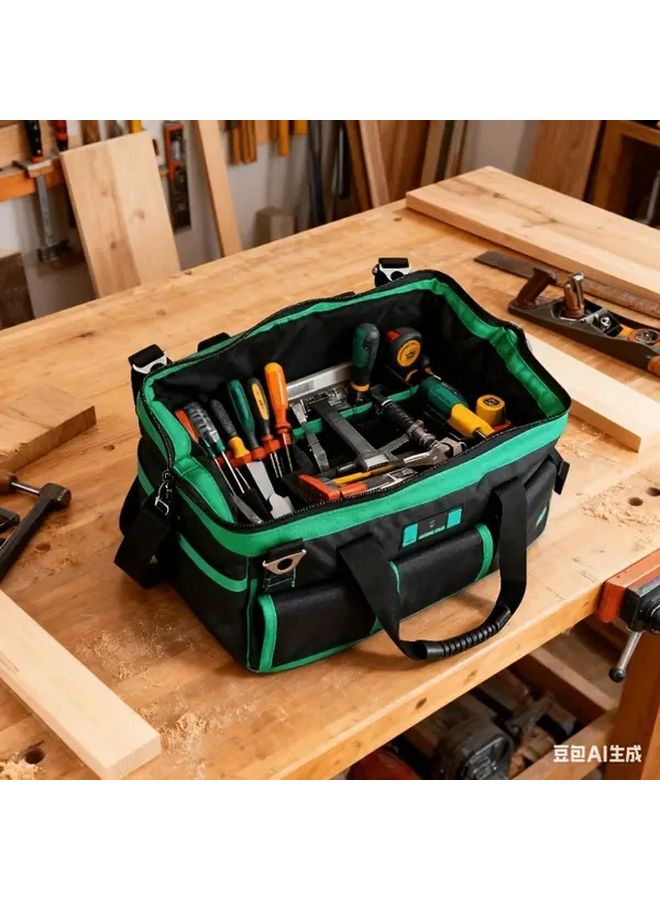 Heavy Duty 14 Inch Portable Tool Bag Black Green Adjustable Strap Ergonomic Handle Multiple Compartments - Image 1