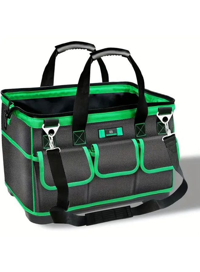 Heavy Duty 14 Inch Portable Tool Bag Black Green Adjustable Strap Ergonomic Handle Multiple Compartments - Image 2