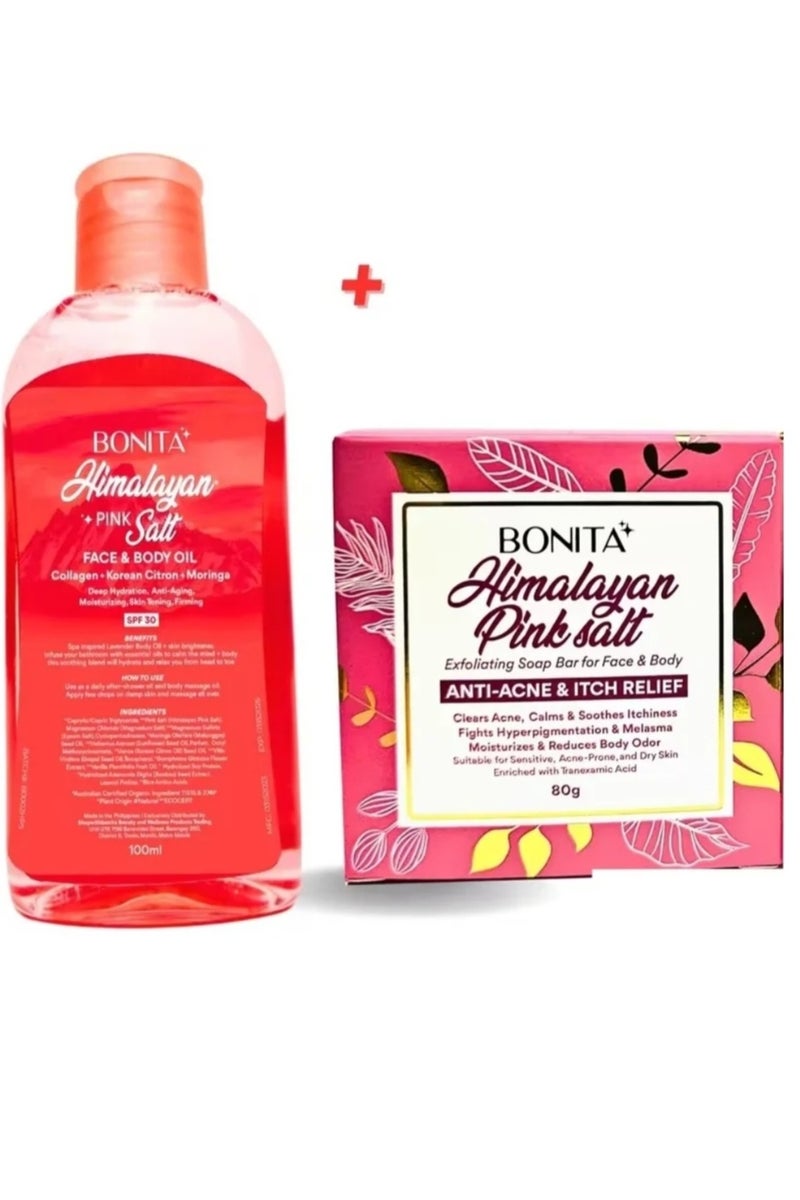 زيت بونيتا للوجه والجسم بملح الهيمالايا الوردي مع عامل حماية من الشمس 30 + صابون مقشر بملح الهيمالايا الوردي للوجه والجسم 80 جرام
