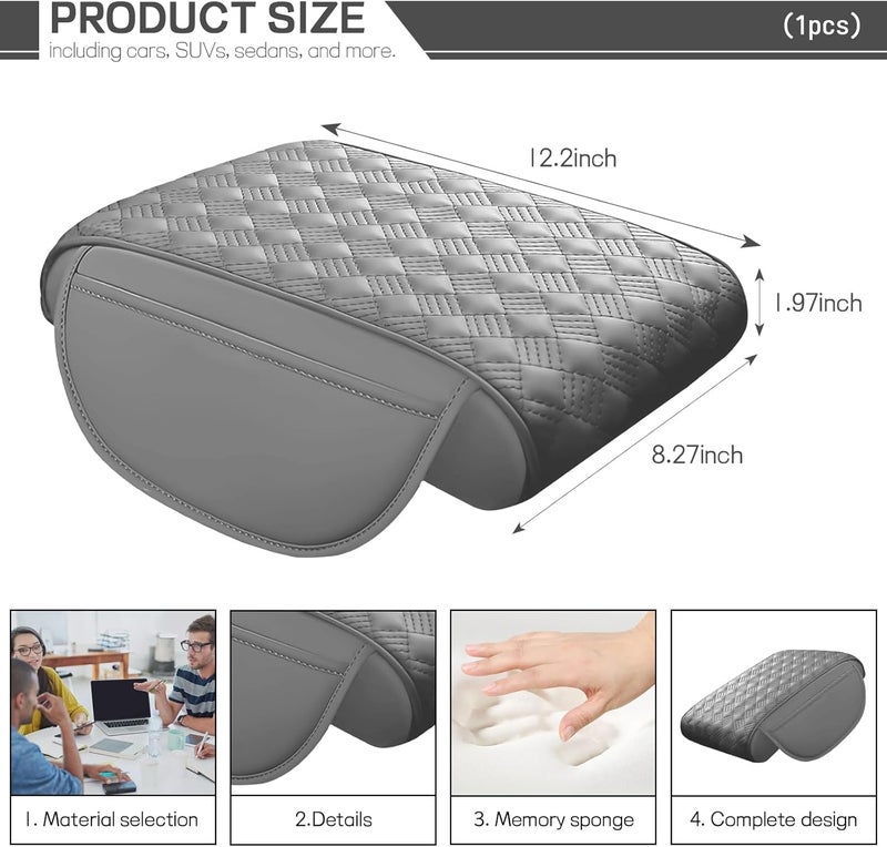 Hbxdeco Car Armrest Cushion, 12.2"×8.3" Leather Auto Memory Foam Center Console Pad with Storage Pocket, Waterproof & Anti-Scratch Elbow Pillow Armrest Seat Box Protector, Universal Fit (Gray) - Image 2