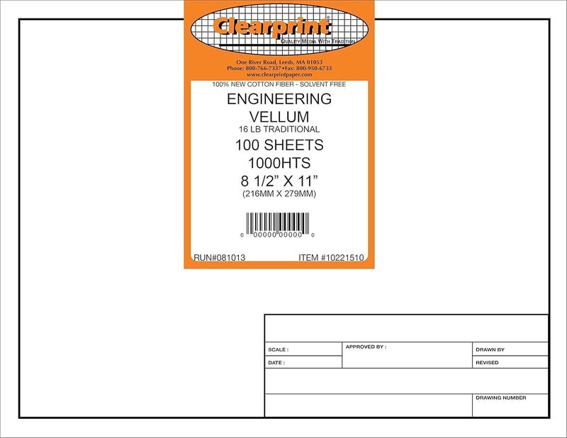 Clearprint 8-1/2" x 11" 1000H Design Vellum Sheets with Engineer Title Block, 16 lb., 100% Cotton, 100 Sheets Per Pack, 1 Each - Image 1