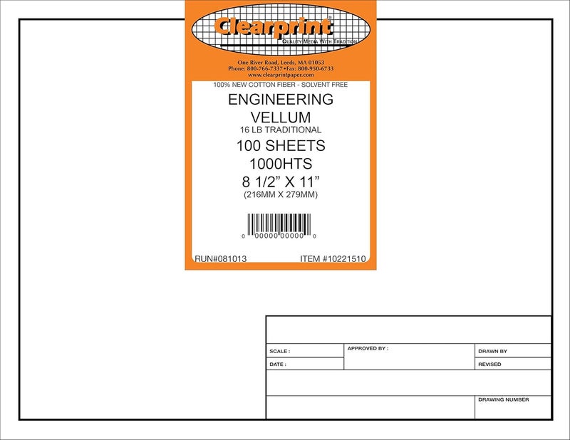 Clearprint 8-1/2" x 11" 1000H Design Vellum Sheets with Engineer Title Block, 16 lb., 100% Cotton, 100 Sheets Per Pack, 1 Each - Image 2