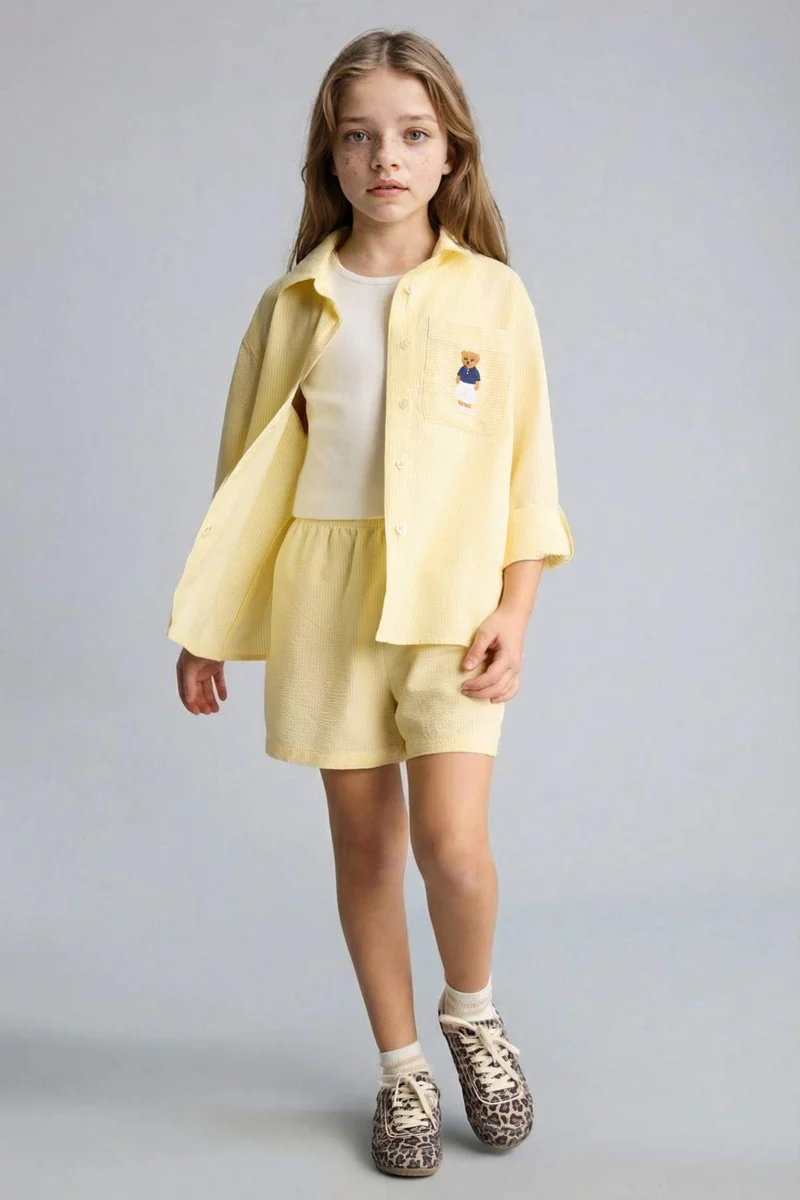 ديفاكتو Girl Crinkle Fabric 2 Piece Short Sleeve Shirt Shorts Set