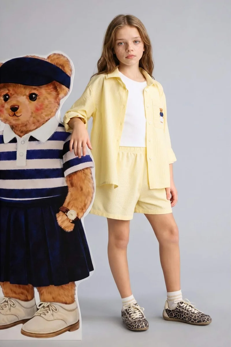 DeFacto Girl Crinkle Fabric 2 Piece Short Sleeve Shirt Shorts Set