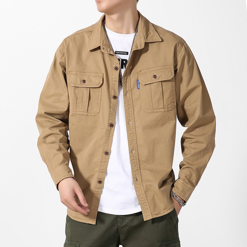 Workwear shirt men's autumn thin long-sleeved jacket casual loose top shirt cross-border - Image 3