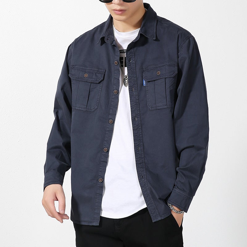 Workwear shirt men's autumn thin long-sleeved jacket casual loose top shirt cross-border - Image 4