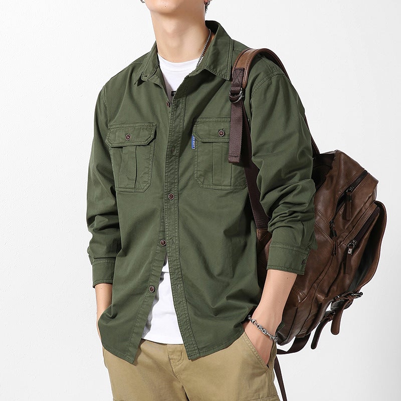 Workwear shirt men's autumn thin long-sleeved jacket casual loose top shirt cross-border - Image 1