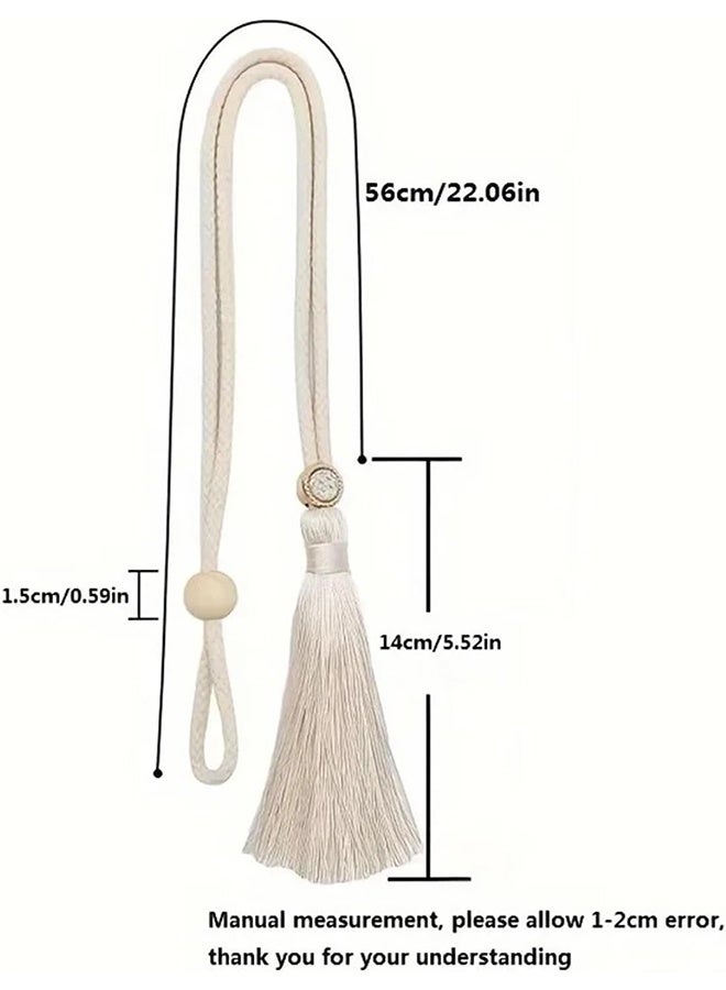 2Pcs Bohemian Curtain Tiebacks with Rhinestone Buckles, Adjustable Cotton Cord Curtain Straps, Decorative Home Drapery Holdbacks (Beige) - Image 2