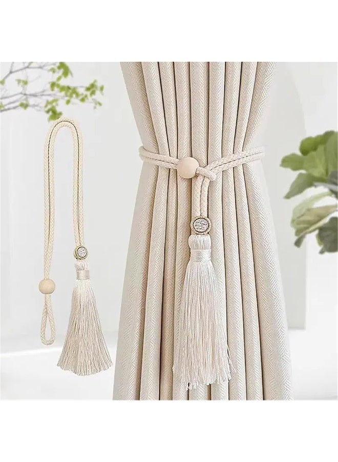 2Pcs Bohemian Curtain Tiebacks with Rhinestone Buckles, Adjustable Cotton Cord Curtain Straps, Decorative Home Drapery Holdbacks (Beige) - Image 4