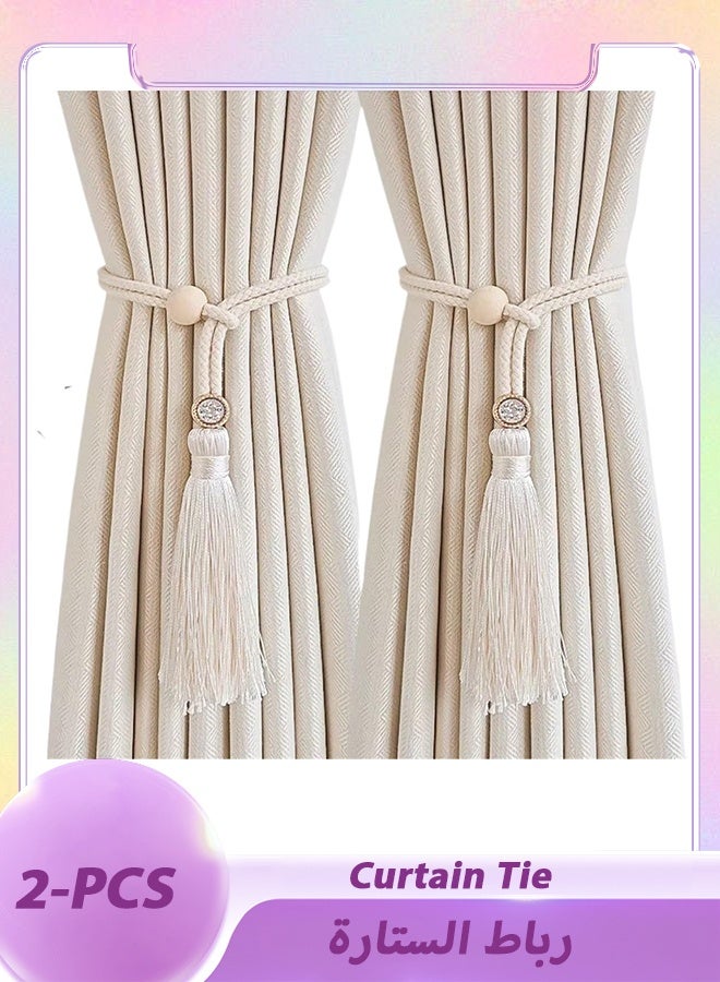 2Pcs Bohemian Curtain Tiebacks with Rhinestone Buckles, Adjustable Cotton Cord Curtain Straps, Decorative Home Drapery Holdbacks (Beige) - Image 1