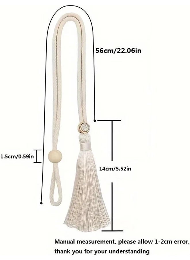 2Pcs Bohemian Curtain Tiebacks with Rhinestone Buckles, Adjustable Cotton Cord Curtain Straps, Decorative Home Drapery Holdbacks (Beige) - Image 2