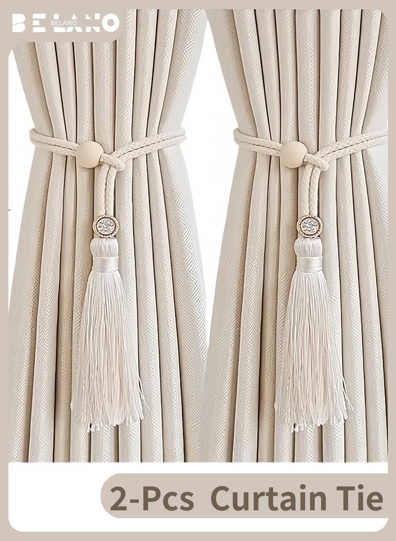 2Pcs Bohemian Curtain Tiebacks with Rhinestone Buckles, Adjustable Cotton Cord Curtain Straps, Decorative Home Drapery Holdbacks (Beige) - Image 1