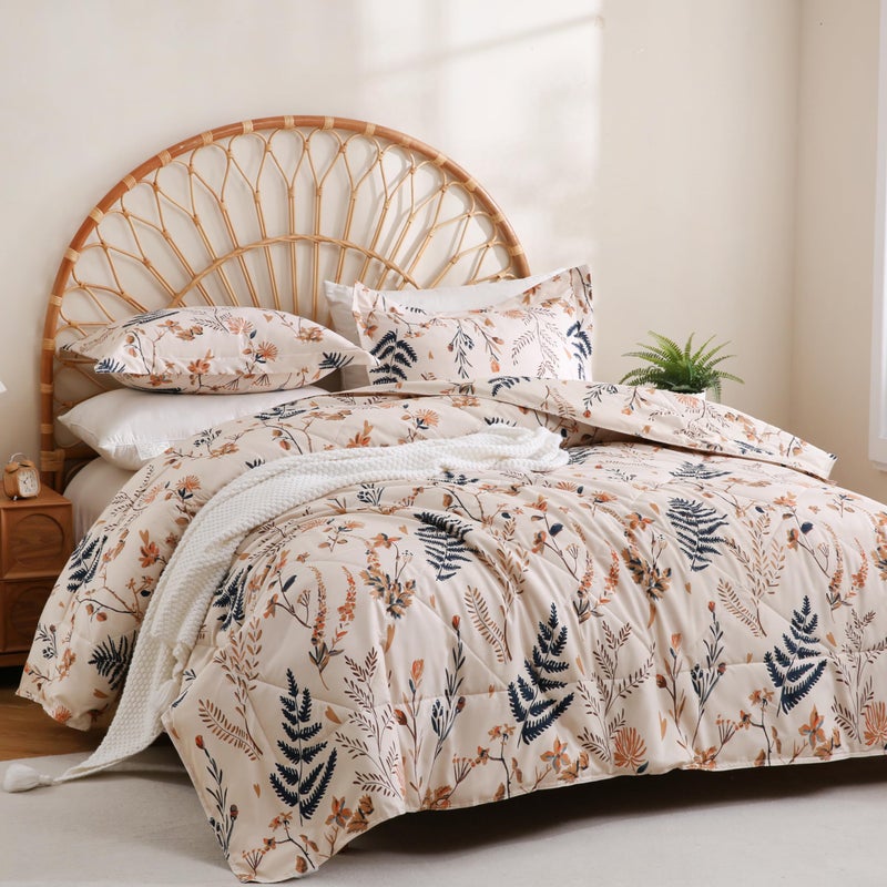 JSD Soft Floral Comforter Set King Size 3 Piece Printed Microfiber Down Alternative Comforter with Pillow Shams All Season Lightweight Machine Washable