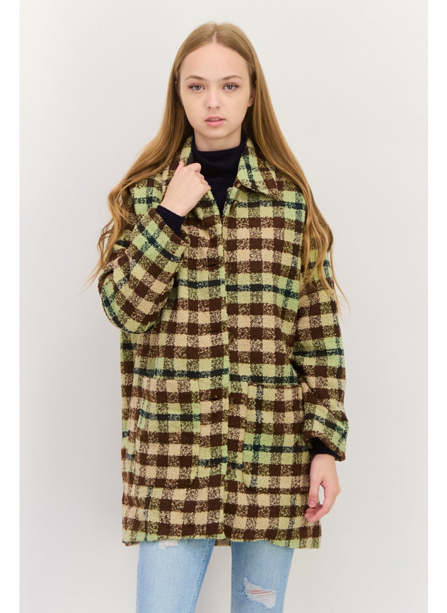 MONKI Women Checkered Trench Coat, Sage Green  - Image 1