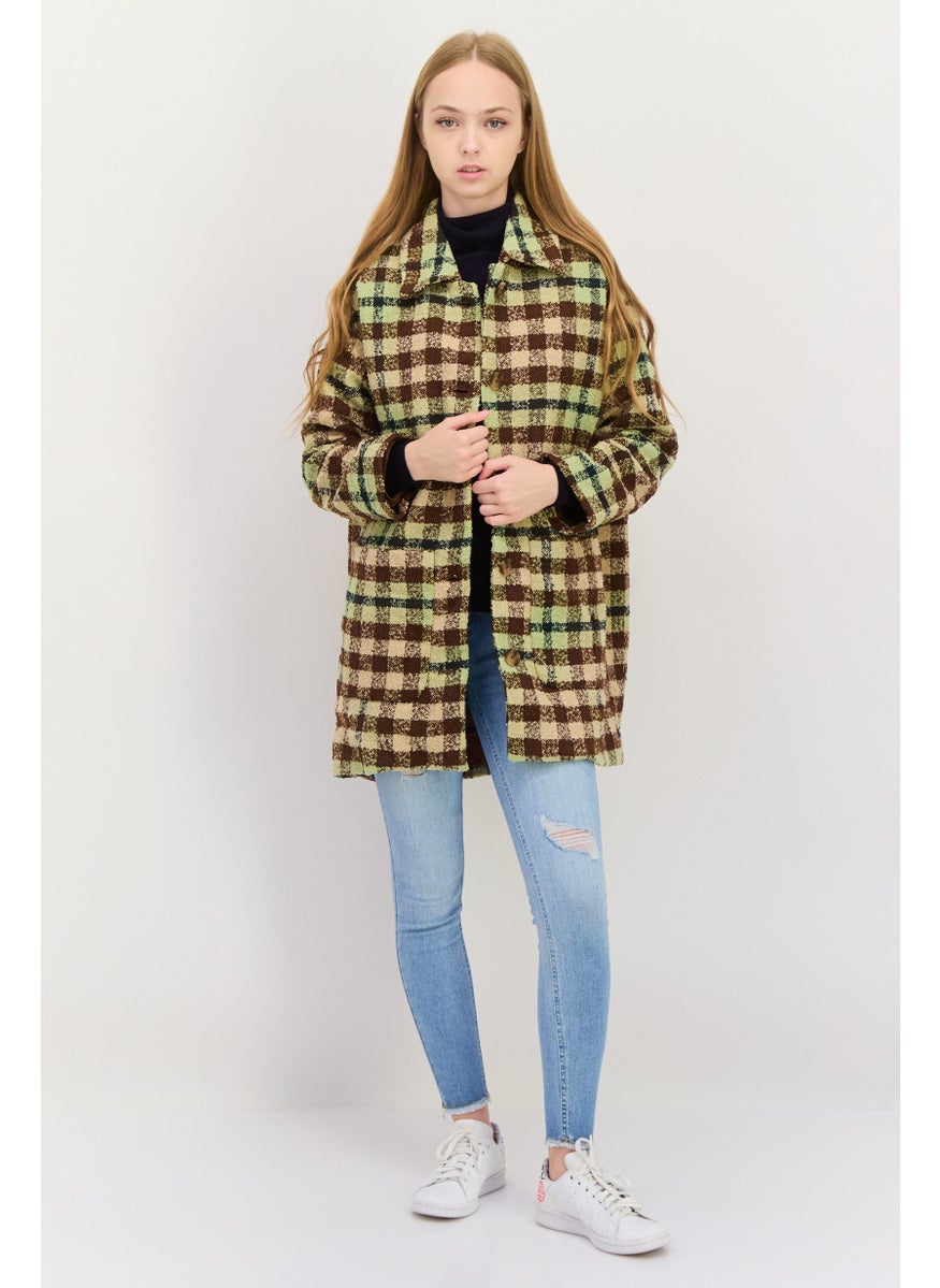 MONKI Women Checkered Trench Coat, Sage Green  - Image 2
