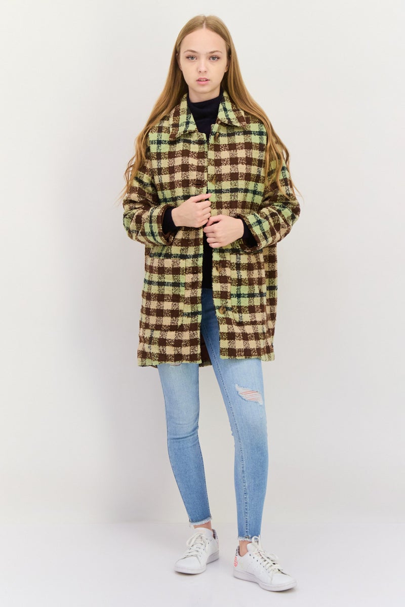 MONKI Women Checkered Trench Coat, Sage Green - Image 2