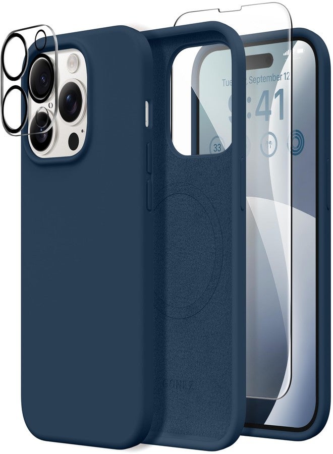 غونيز جراب GONEZ المغناطيسي لهاتف iPhone 14 Pro Max [3 في 1]، متوافق مع Magsafe، مع واقي شاشة واحد + واقي عدسة كاميرا واحد، جراب سيليكون سائل مقاوم للصدمات لهاتف iPhone 14 Pro Max، أزرق داكن - Image 1