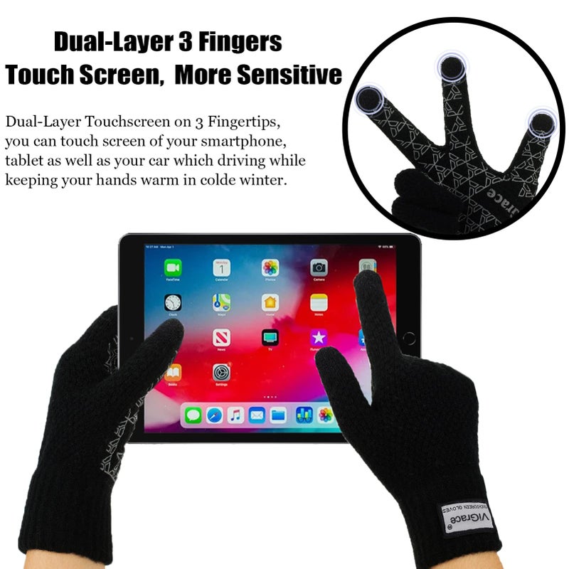 ViGrace Winter Warm Touchscreen Gloves for Men and Women Touch Screen Fleece Lined Knit Anti-Slip Wool Glove (Black, Large) - Image 2