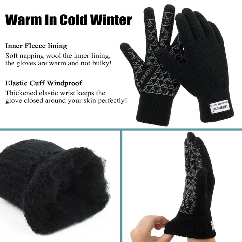 ViGrace Winter Warm Touchscreen Gloves for Men and Women Touch Screen Fleece Lined Knit Anti-Slip Wool Glove (Black, Large) - Image 4
