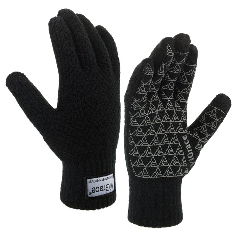 ViGrace Winter Warm Touchscreen Gloves for Men and Women Touch Screen Fleece Lined Knit Anti-Slip Wool Glove (Black, Large) - Image 1