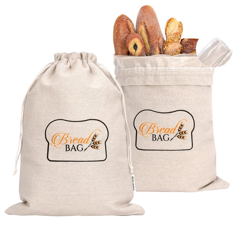 A ARTIZANKA 2 Bread Bags for Homemade and Sourdough Bread Reusable Cotton Cloth Bags with Plastic Liner and Drawstring Reusable Food Storage 2 pack  17 x 13 XL