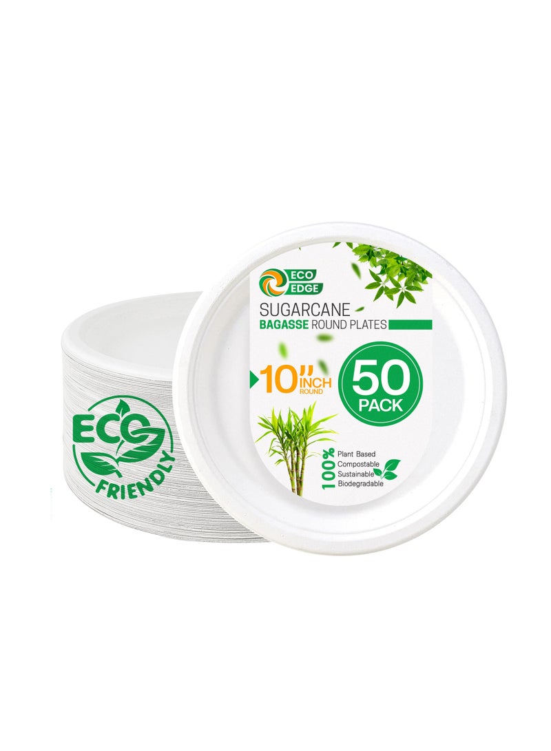 EcoEdge 10 Inch Round White Disposable Sugarcane Bagasse Plates (Pack of 50) | Sustainable, Eco Friendly, Non-Toxic | Light weight, Event Ready, BPA Free, Microwave - Freezer Safe | 100% Compostable - Image 1