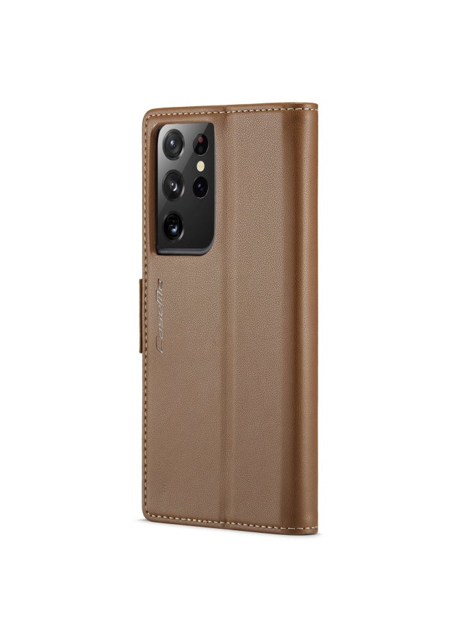 Flip Wallet Case For Samsung Galaxy S21 Ultra, [RFID Blocking] PU Leather Wallet Flip Folio Case with Card Holder Kickstand Shockproof Phone Cover (Brown)