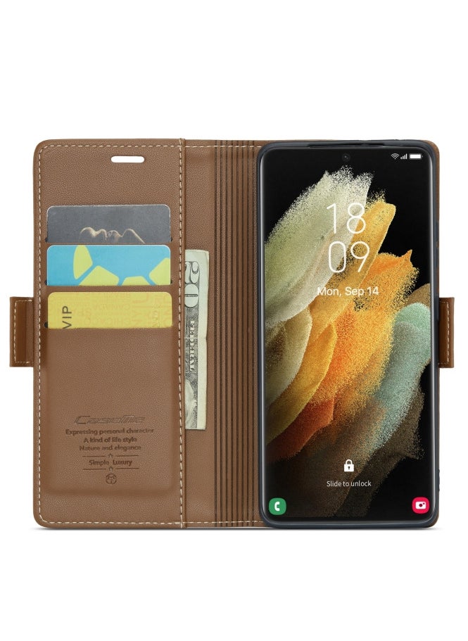 Flip Wallet Case For Samsung Galaxy S21 Ultra, [RFID Blocking] PU Leather Wallet Flip Folio Case with Card Holder Kickstand Shockproof Phone Cover (Brown)