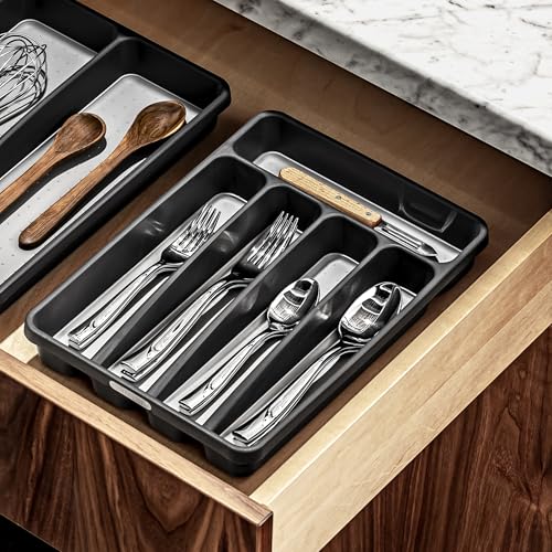 madesmart Classic Mini Silverware Tray, Soft Grip, Non-Slip Kitchen Drawer Organizer, 5 Compartments, Multi-Purpose Home Organization, BPA Free, Granite - Image 3
