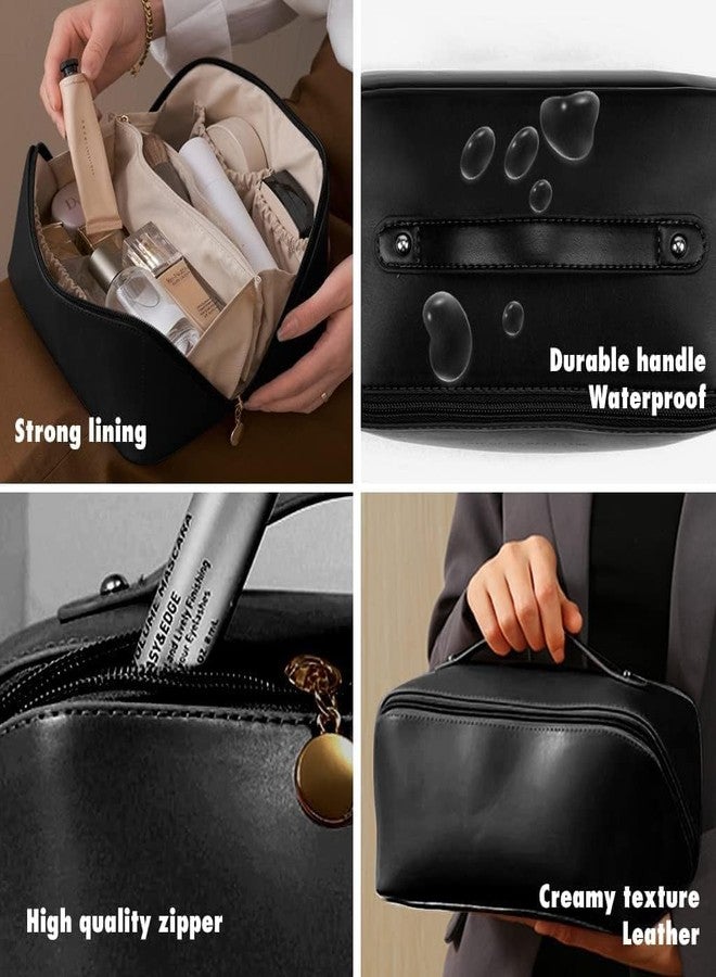 ANGENIL Makeup Pouch Bag, Travel Pouches for Women, Vanity Bag for Women Latest, Cosmetic Organizer, Travel Toiletry Bag, Mini Makeup Bag and Skincare Pouch, Leather Vanity Bag (Black, Medium) - Image 3