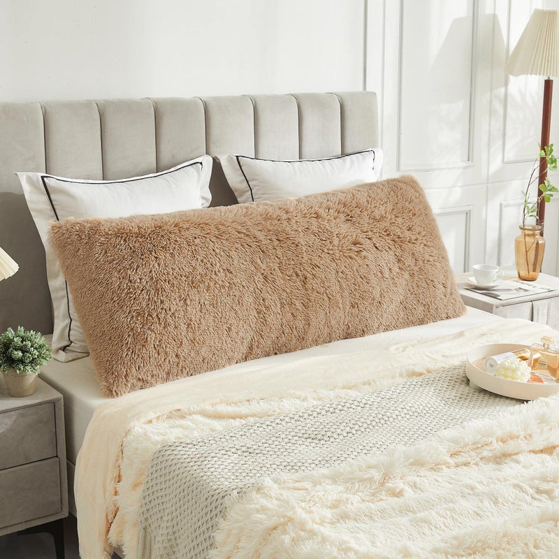 LIFEREVO Body Pillow Cover with Zipper ClosureLuxury Shaggy Ultra Soft Plush Faux Fur Pillowcase 20x54 for Bed CouchMicrofiber Long Pillowshams for Adults Pregnant WomenMotherWifeCamel