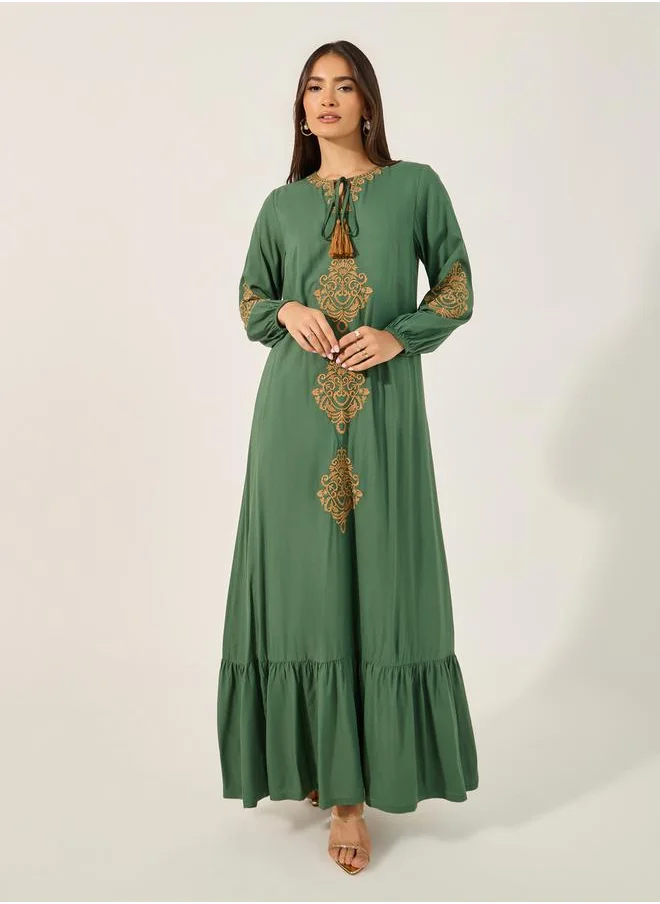 Styli Embroidered Long Sleeves A-Line Maxi Dress