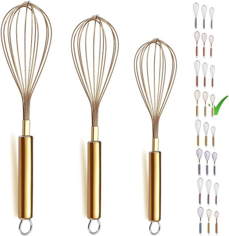 Berglander Gold Whisk Pack of 3 Stainless Steel 8",10",12", Titianium Plating Whisks for Cooking, Beater,Wire Whisk Set Kitchen Wisk (Gold) - Image 1