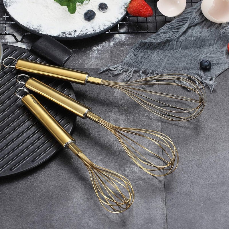 Berglander Gold Whisk Pack of 3 Stainless Steel 8",10",12", Titianium Plating Whisks for Cooking, Beater,Wire Whisk Set Kitchen Wisk (Gold) - Image 3