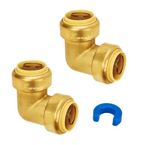 SUNGATOR 1-Inch Push Fit PEX Elbow, 90-Degree Plumbing Fitting Pipe Connector with Disconnect Clip, Push-to-Connect, Copper, PEX, CPVC, No Lead Brass Fittings (2-Pack) - Image 1