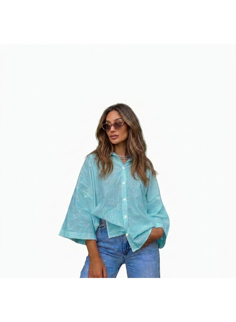 Women's Light Linen Relaxed Fit Shirt – 3/4 Wide Sleeves – Casual Summer Button Down Top – Turquoise - Image 1