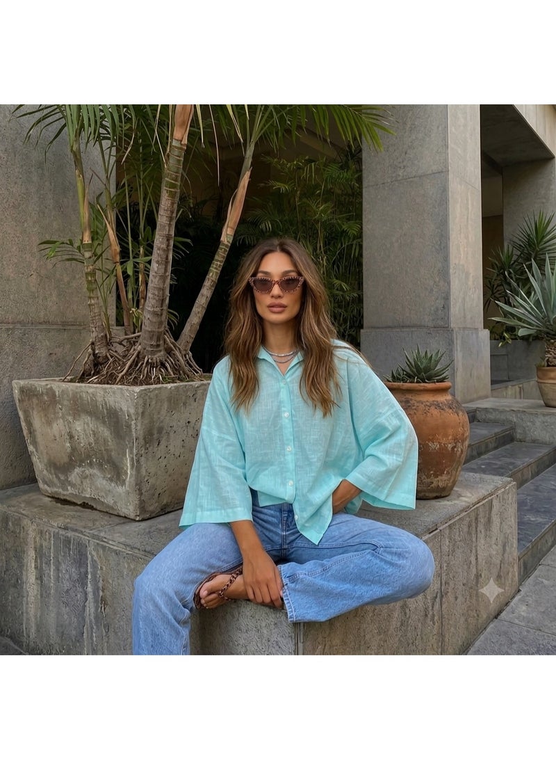 Women's Light Linen Relaxed Fit Shirt – 3/4 Wide Sleeves – Casual Summer Button Down Top – Turquoise - Image 2