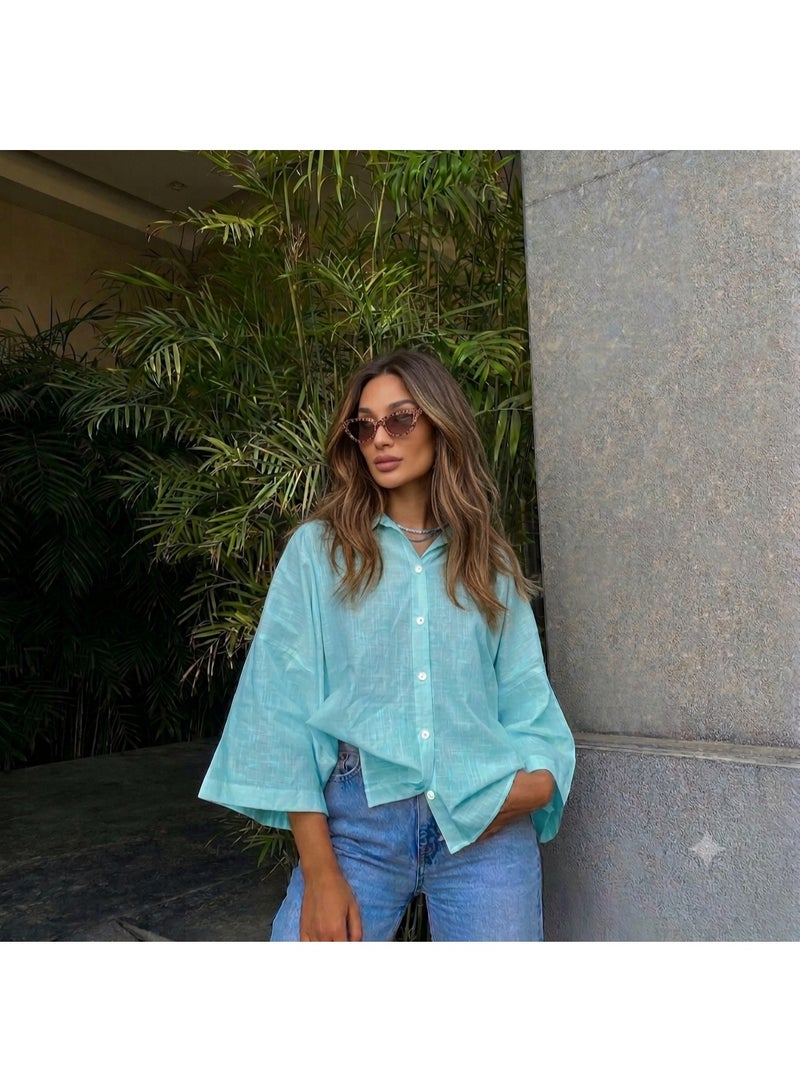 Women's Light Linen Relaxed Fit Shirt – 3/4 Wide Sleeves – Casual Summer Button Down Top – Turquoise - Image 3