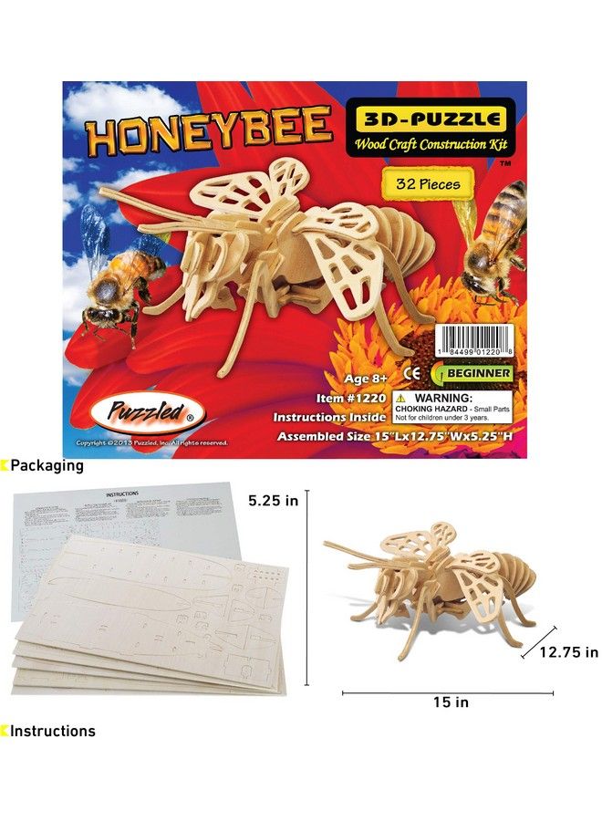 Puzzled مجموعة نموذج بناء خشبي لنحل العسل 3D - فريدة وتعليمية - لعبة حشرية خشبية قابلة للتجميع - نموذج نحل غير مكتمل - هواية في الحرف اليدوية - لغز للبناء والطلاء للزينة - 32 قطعة في العبوة - Image 3