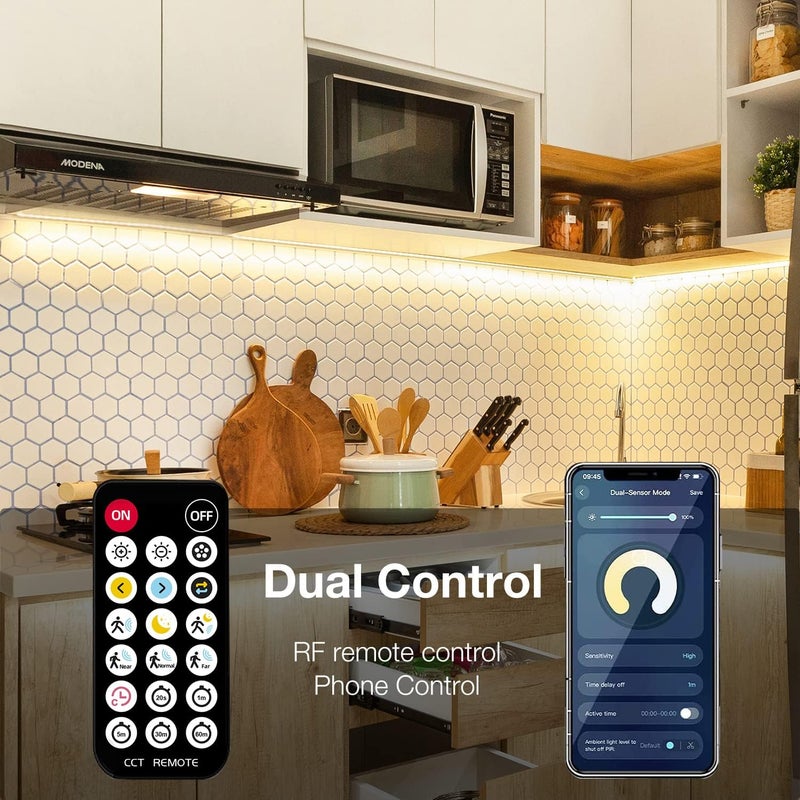 phopollo أضواء شريط LED بحساس حركة فوبولو 10 قطع مجموعة تحت الخزانة مع تطبيق وتحكم عن بعد RF قابلة للتعتيم 2700K-6500K للإضاءة لمطبخ، عداد، رف، ضوء ليلي من الغسق إلى الفجر 164 قدم - Image 3