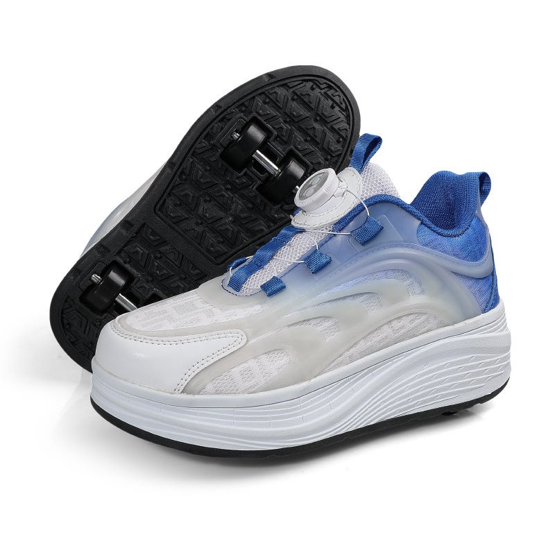 Childrens walking shoes four-wheel skating shoes retractable double-row skating shoes boys and girls students sneaker with wheels Blue