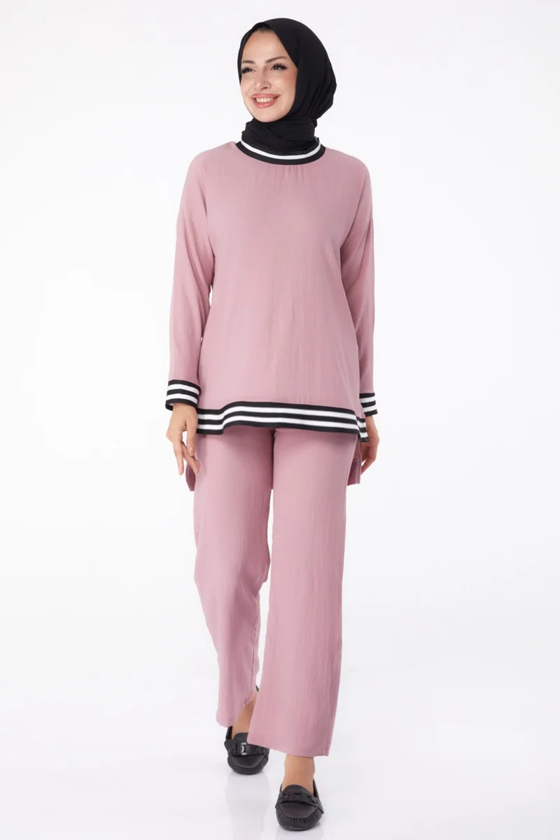 Tofisa Plain Crew Neck Women's Pink Tunic Pants - 11321