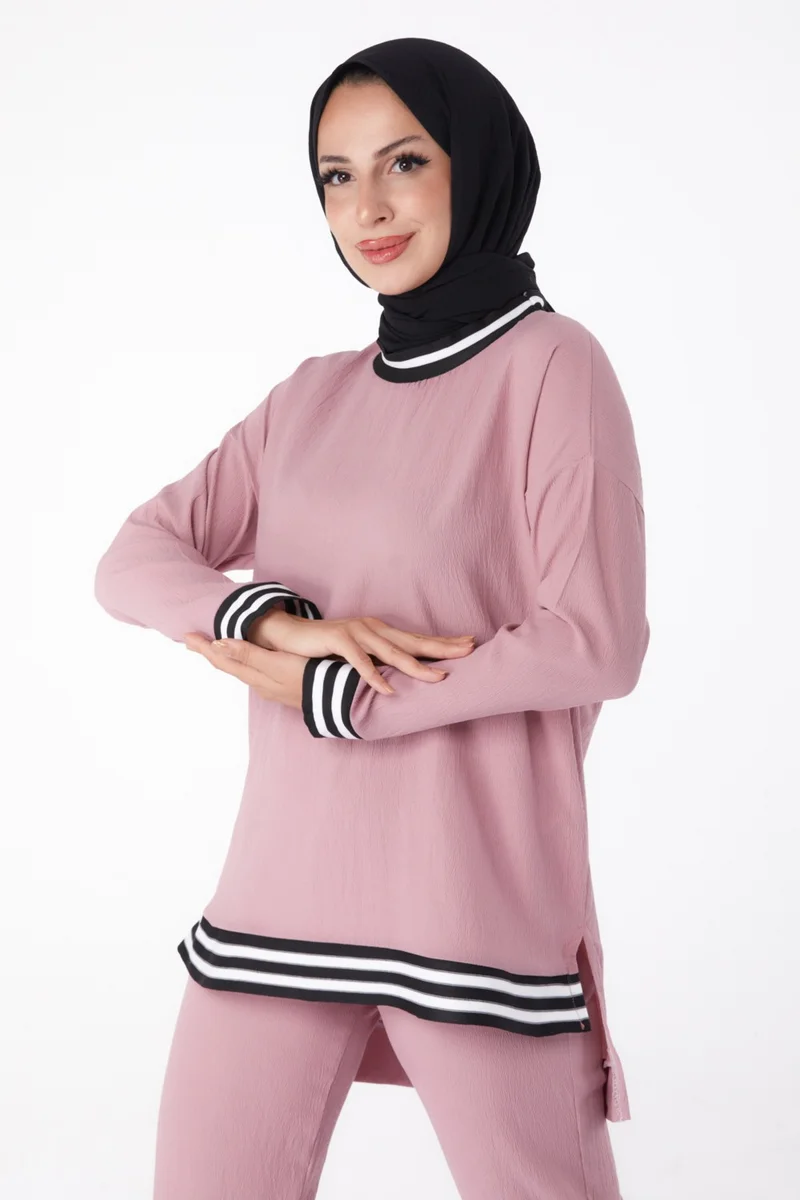 Tofisa Plain Crew Neck Women's Pink Tunic Pants - 11321