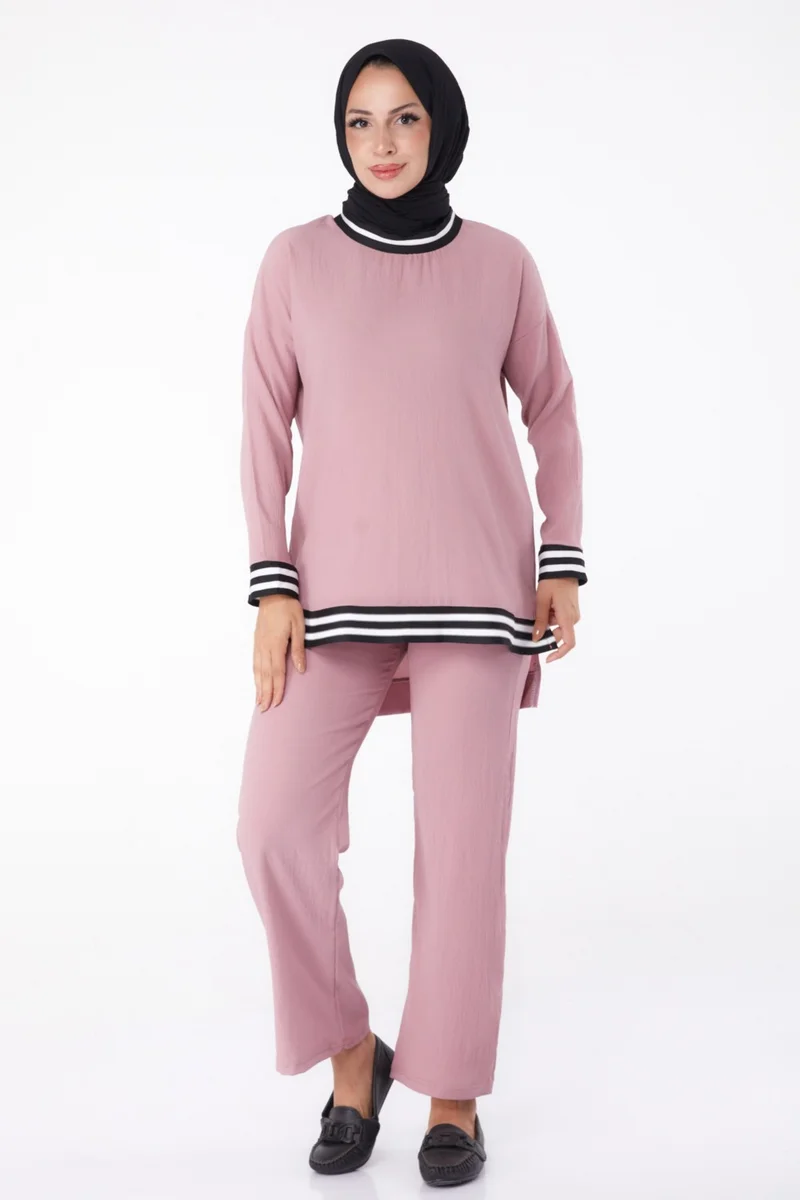 Tofisa Plain Crew Neck Women's Pink Tunic Pants - 11321