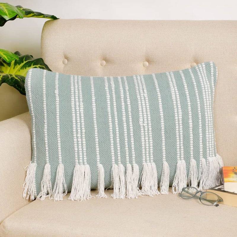 pepme pepme Cotton Cushion Cover Vertical Lines Fringes 16x24 Sky Blue  - Image 1