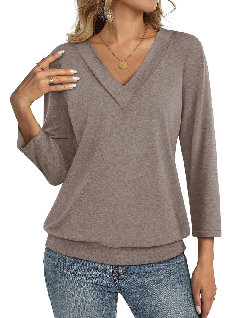 TICTICMISS TCITICMISS Womens 3/4 Sleeve Tops Banded Bottom V Neck Summer T Shirt Casual Basic Tops - Image 1