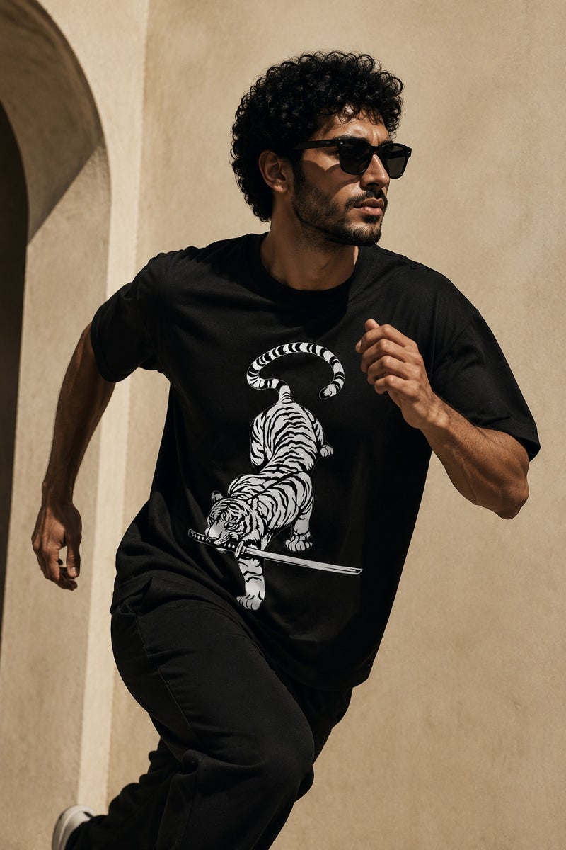 Men's Oversized Black T-Shirt with White Tiger Sword Graphic Casual Short Sleeve Crew Neck Streetwear Tee - Image 3